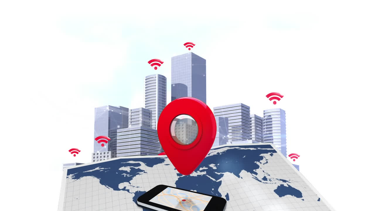 animación de iconos digitales de wifi y pin de ubicación flotando sobre el paisaje urbano