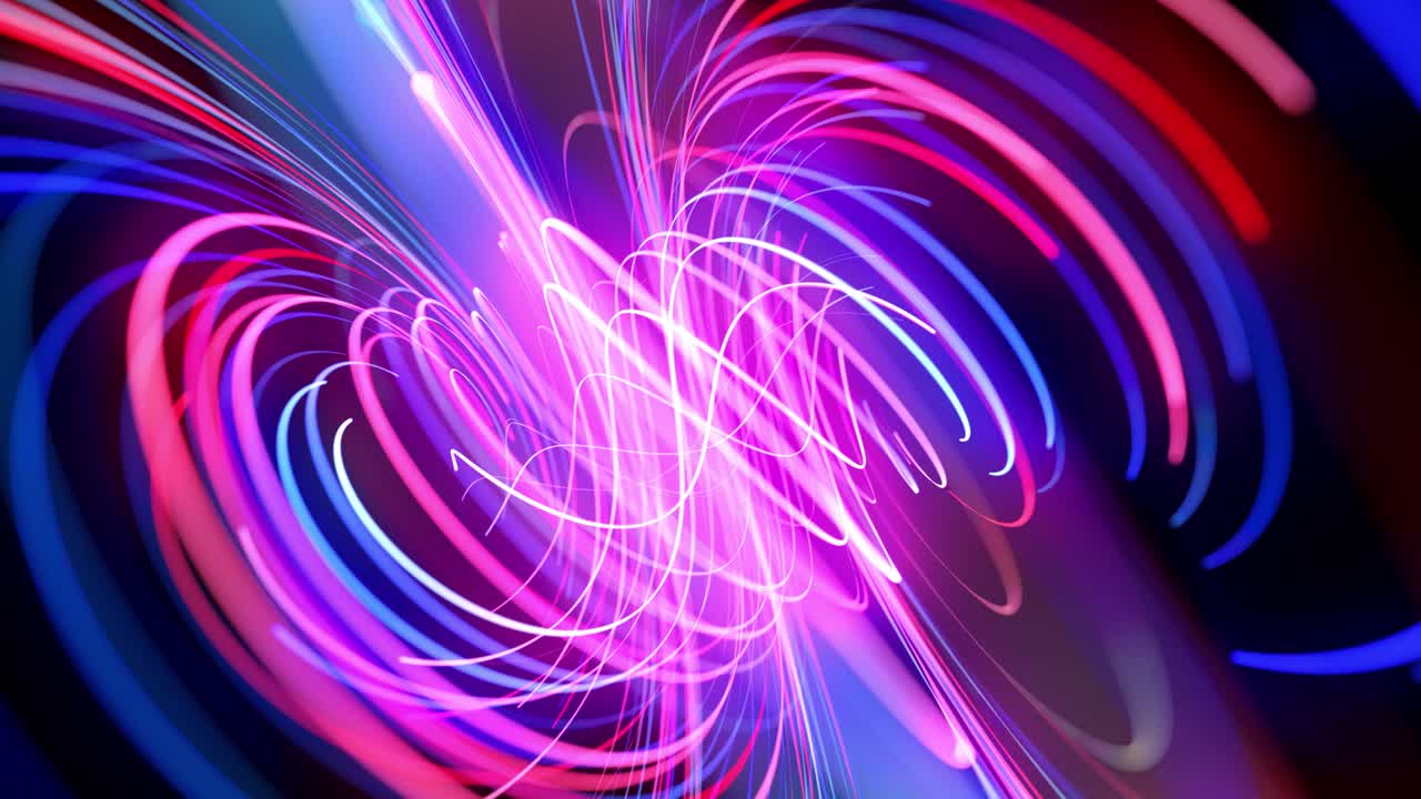 Light flow bg in 4k. Abstract looped background with light trails, stream of red blue neon lines in space move to form looped spiral shapes. Modern trendy motion design background. Light effect,