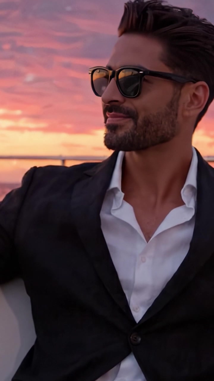 Homem Elegante Desfrutando de um Pôr do Sol Sereno em um Iate, Exalando Confiança e Estilo Enquanto Abraça a Beleza da Natureza e a Tranquilidade.