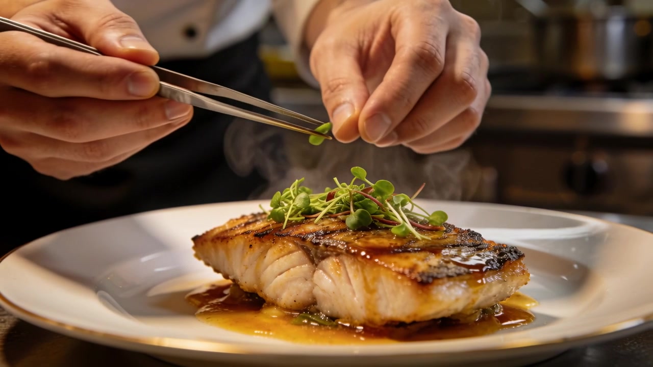 Arranging microgreens on seared fish fillet at counter chef in jacket using tweezers drawn by steam