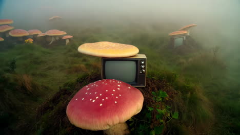 surreal foggy landscape with giant mushrooms and vintage televisions
