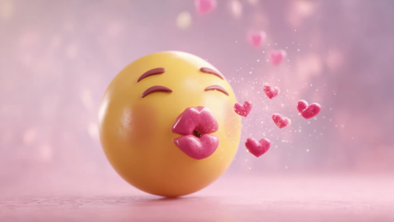 Whimsical and Playful Emoji Character Blowing Kisses Surrounded by Floating Hearts, Radiating Joy and Affection in a Colorful Pastel Background