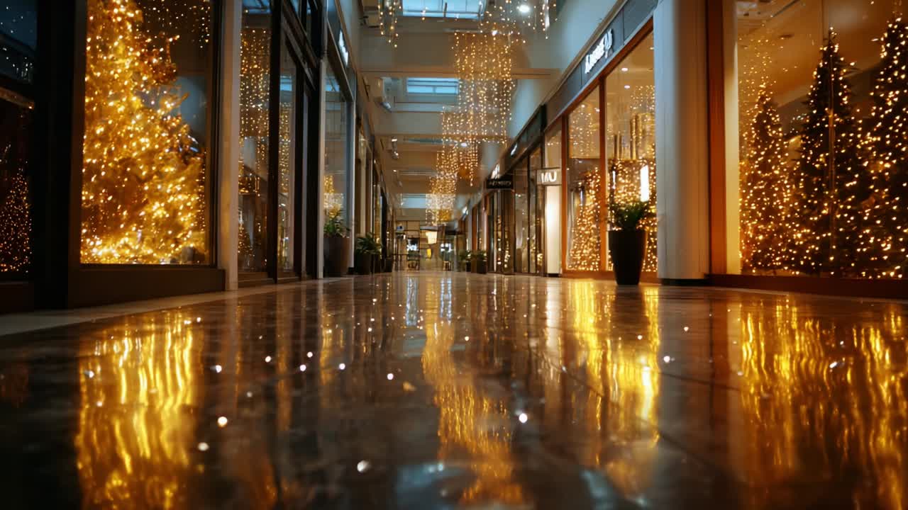 Stunning Holiday Decor in a Glimmering Hallway Adorned with Golden Lights and Sparkling Trees, Creating a Warm and Inviting Atmosphere for Festive Celebrations and Seasonal Gatherings