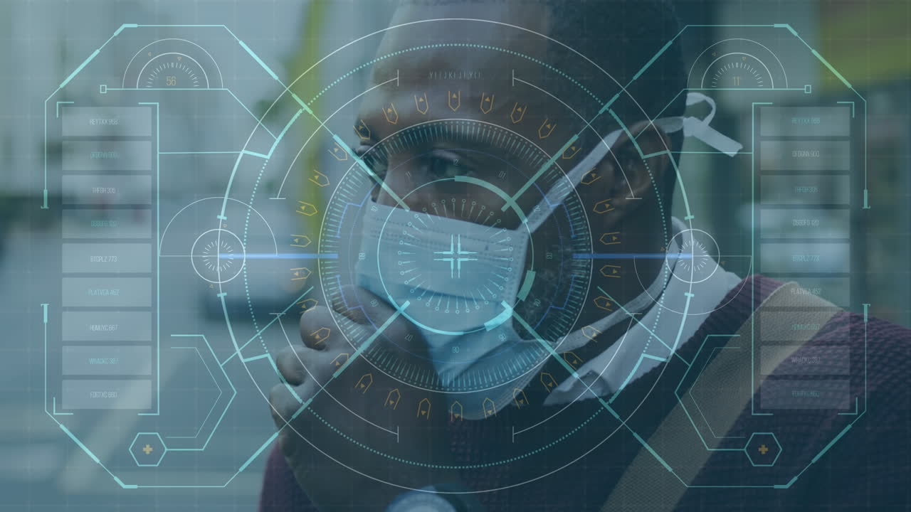 animación del procesamiento de datos médicos sobre un hombre afroamericano con máscara facial toser