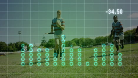 Running-rugby-player-on-field-with-data-analysis-animation-over-grid-background