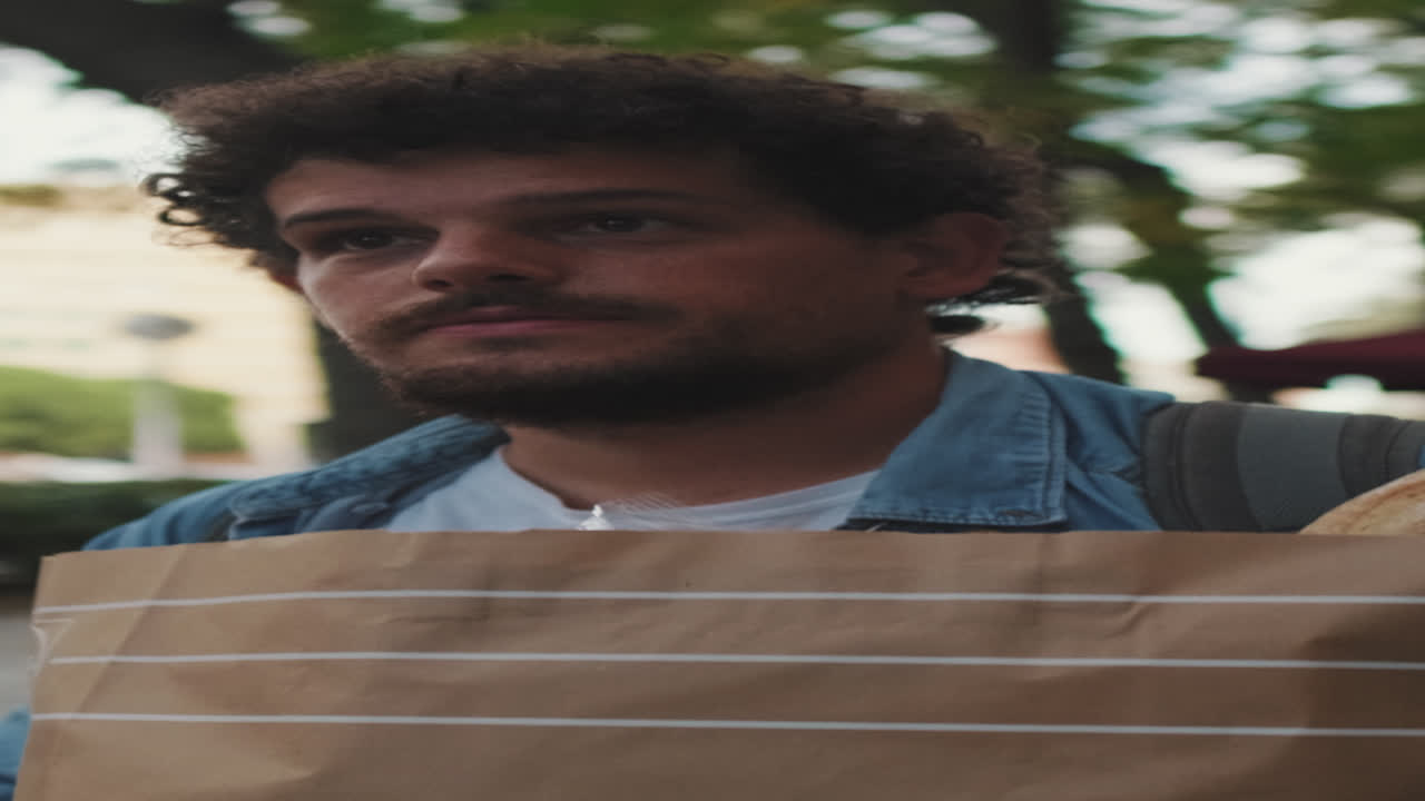 Man with curly hair holding brown paper bag outdoors