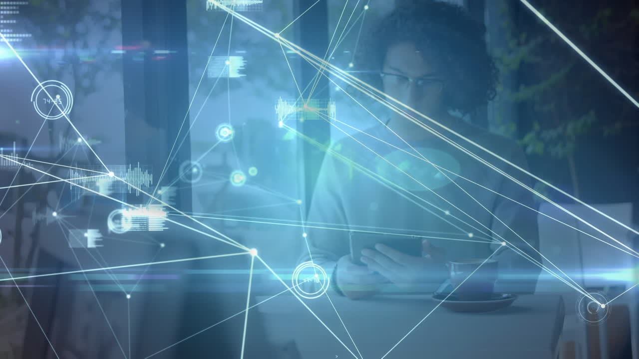 Animation of networks of connections with icons over man using tablet