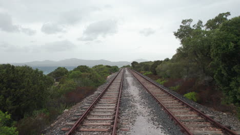 Old railroad tracks stretch towards the sea, bordered by lush vegetation, under a cloudy sky in sardinia