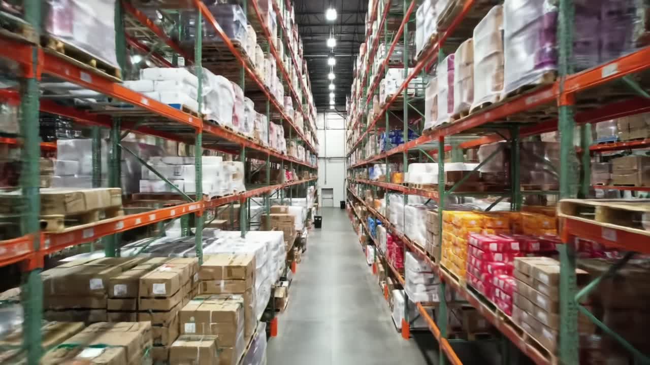 A Wide-Angle View of an Organized Warehouse Aisle Featuring Stacked Pallets and Shelving Units Filled with Diverse Goods and Products