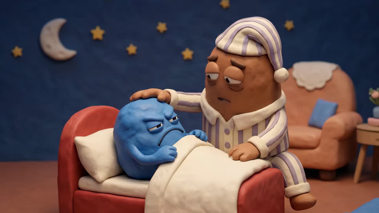 Claymation Character Comforting a Sick Friend in Bed