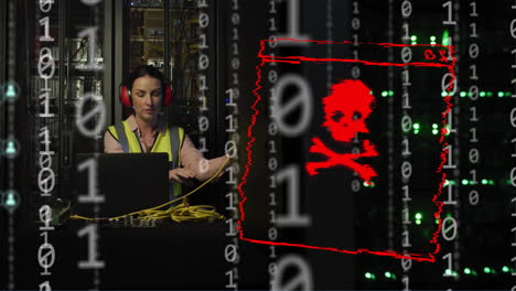 Animation-of-malware-text,-binary-coding-and-caucasian-female-it-engineer-by-computer-servers