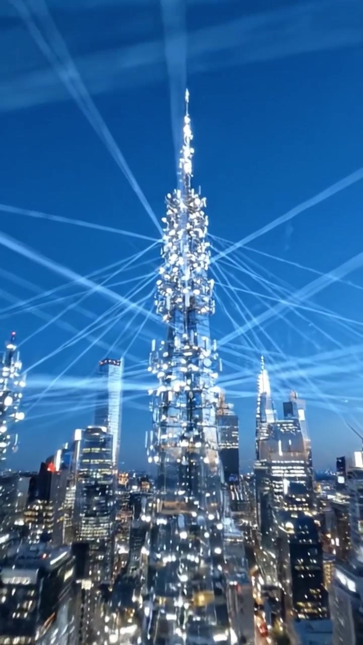 Vista aerea di un vivace skyline cittadino al tramonto, con edifici illuminati e dinamiche scie di luce che evidenziano la vita urbana e la bellezza architettonica.