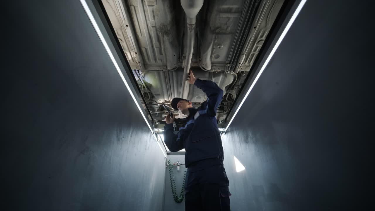 자동차 메카닉이 자동차 하부 차량을 검사합니다.