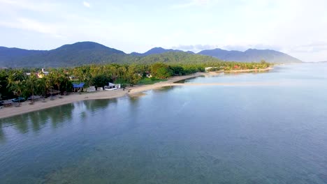 Establish-Shot-Baan-Tai-Beach-in-Koh-Samui,-Thailand,-fly-over-coast-in-Asia