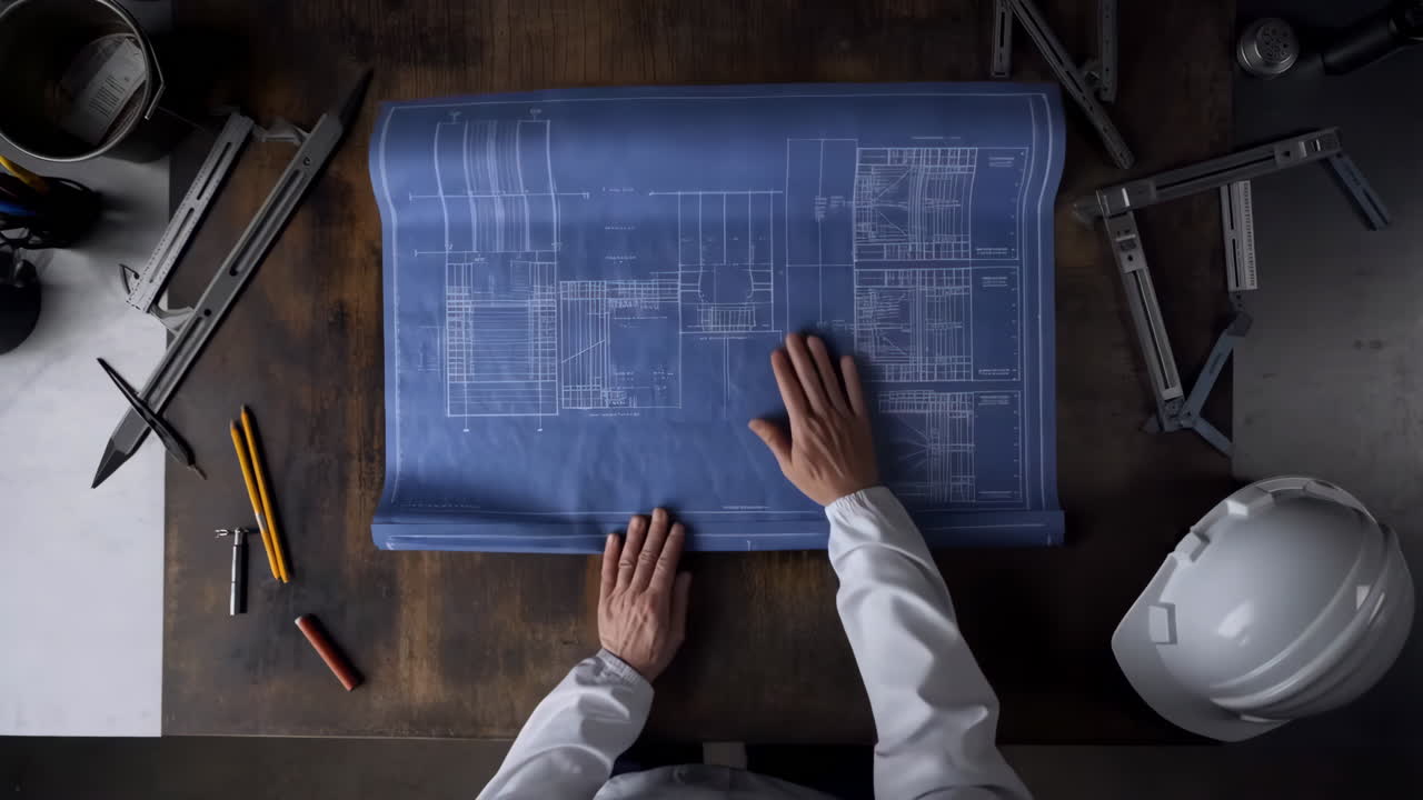 Overhead view of a person's hands working on a blueprint with tools on a desk