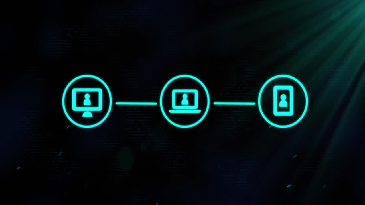 Animation of three green digital computer interface icons on glowing green background