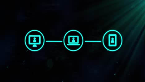 Animation of three green digital computer interface icons on glowing green background