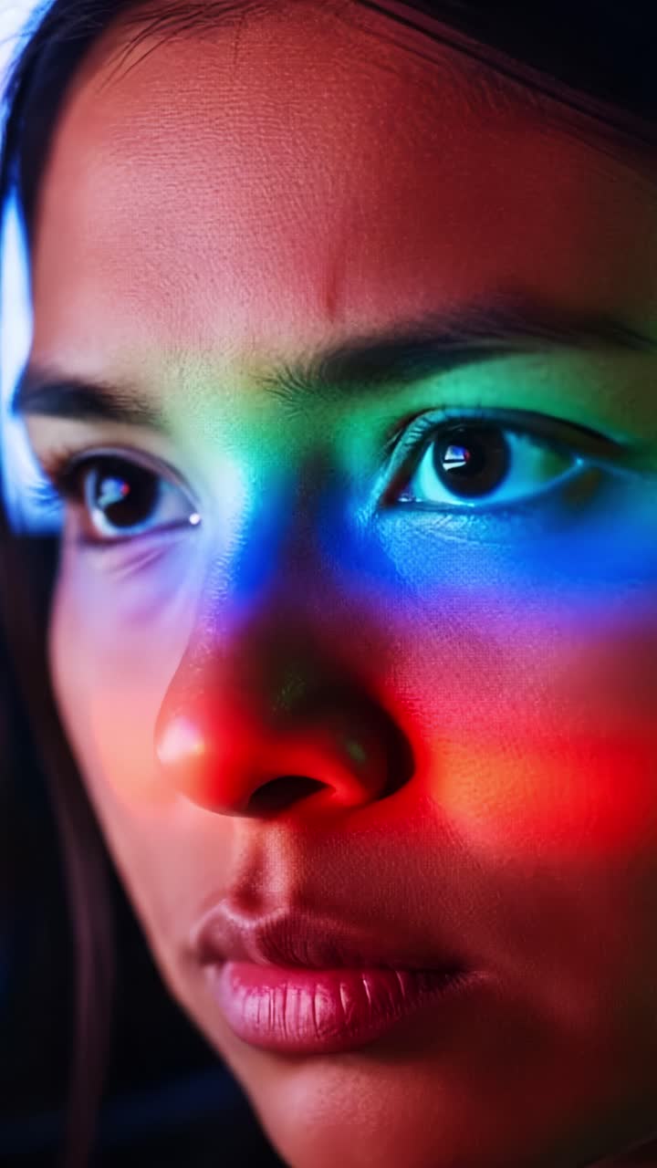 A Close-Up Portrait Emphasizing the Beauty of Light and Color Reflection on a Young Woman's Face, Showcasing Vibrant Primary and Secondary Hues