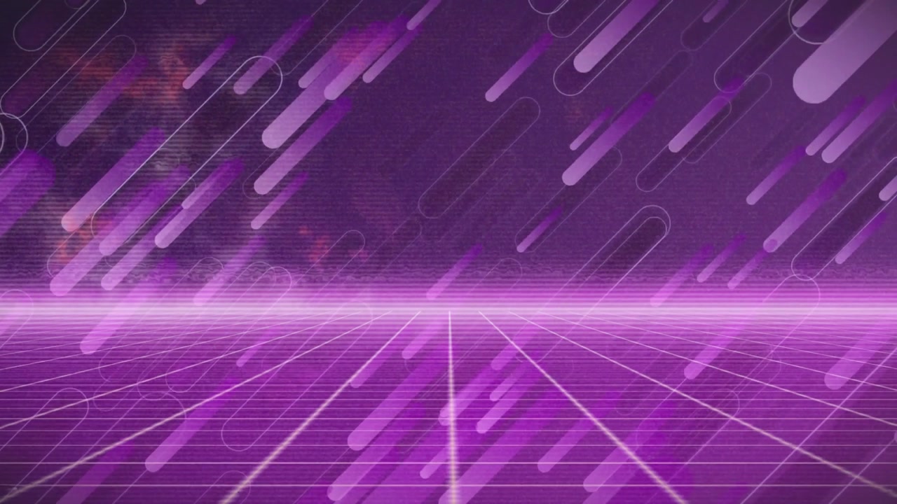 At start, neon purple streaks cascading diagonally across retro grid building digital backdrop