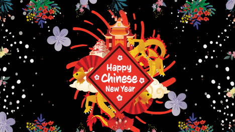 animación de feliz texto de año nuevo chino con templo sobre luces y flores en negro
