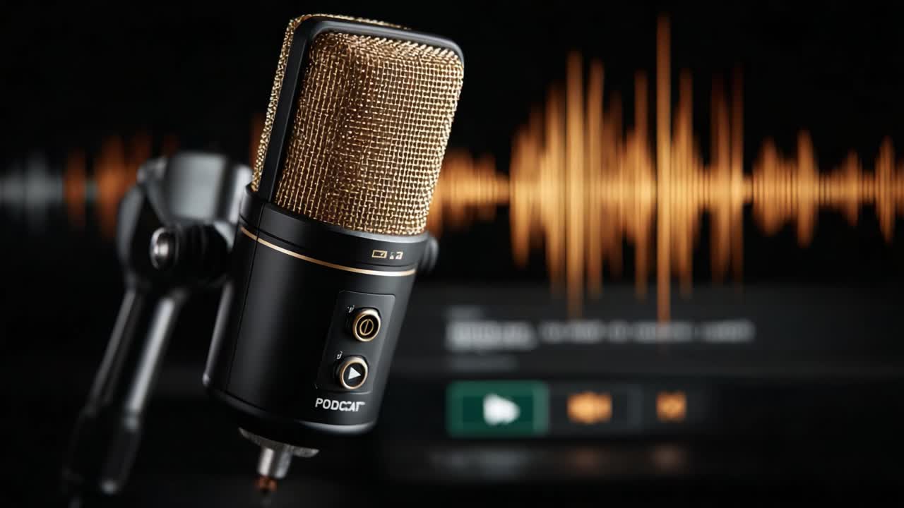 A Stunning High-Quality Microphone Captured Against a Background of Sound Waves, Ideal for Recording and Broadcasting Audio with Precision and Clarity