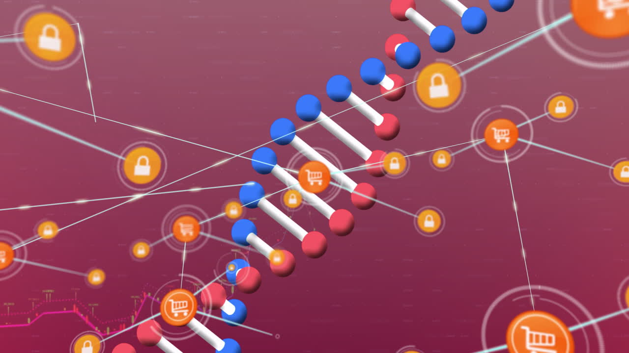 Animation of DNA strand with shopping cart and lock icons for secure transactions