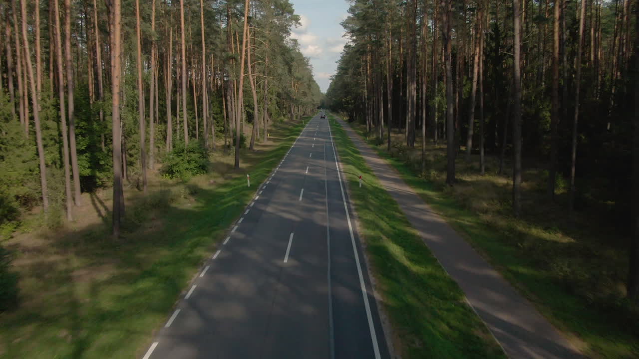 Aerial view of cars driving on forest road in Poland
