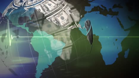 animación del globo del dólar girando sobre el gráfico, el monitor de ritmo cardíaco y el mapa del mundo, sobre fondo verde