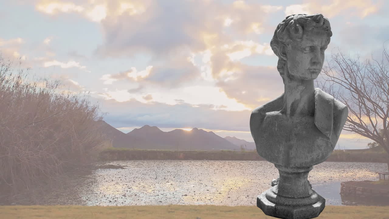 Animation of stone sculpture over mountain landscape