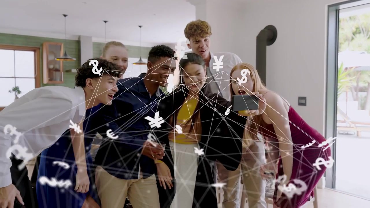 Group of six friends leaning in after smartphone tap, sharing selfie with finance currency symbols