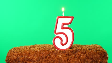 cake with the number 5 lighted candle. chroma key. green screen. isolated