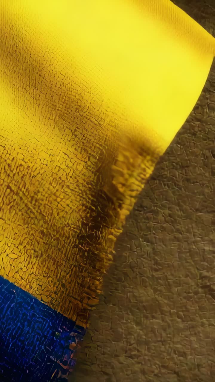 Tessuto piegato che si sposta, telecamera in movimento, rivelando un orlo sfrangiato a strisce giallo-blu su una superficie marrone.