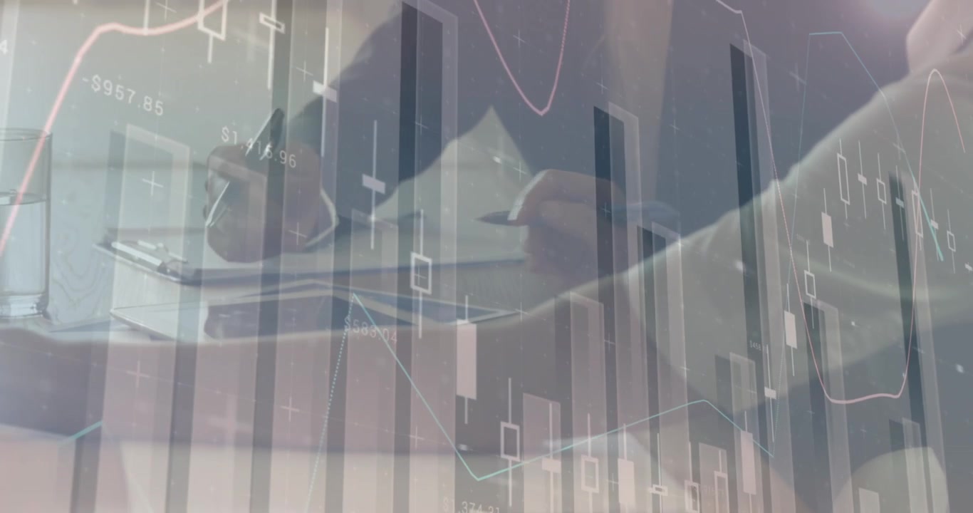 Animation of financial data processing over businesses people