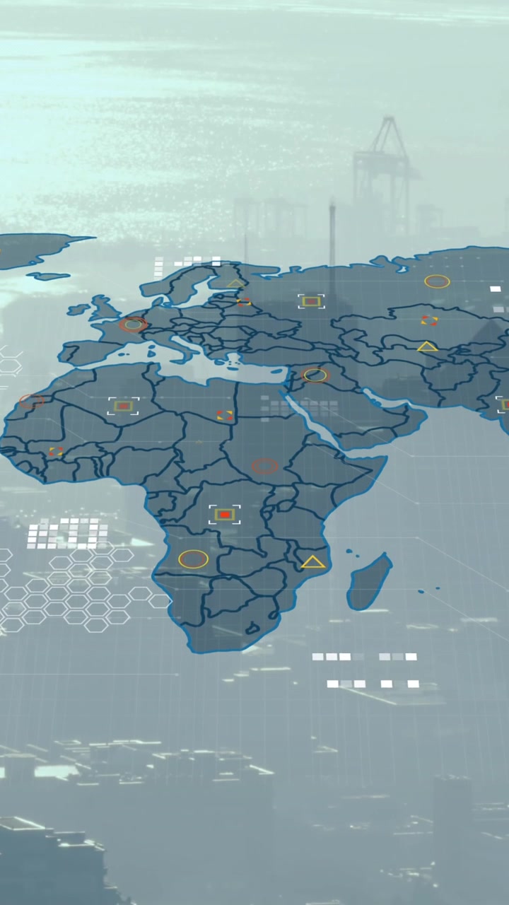 Animation of world map and data processing against aerial view of cityscape