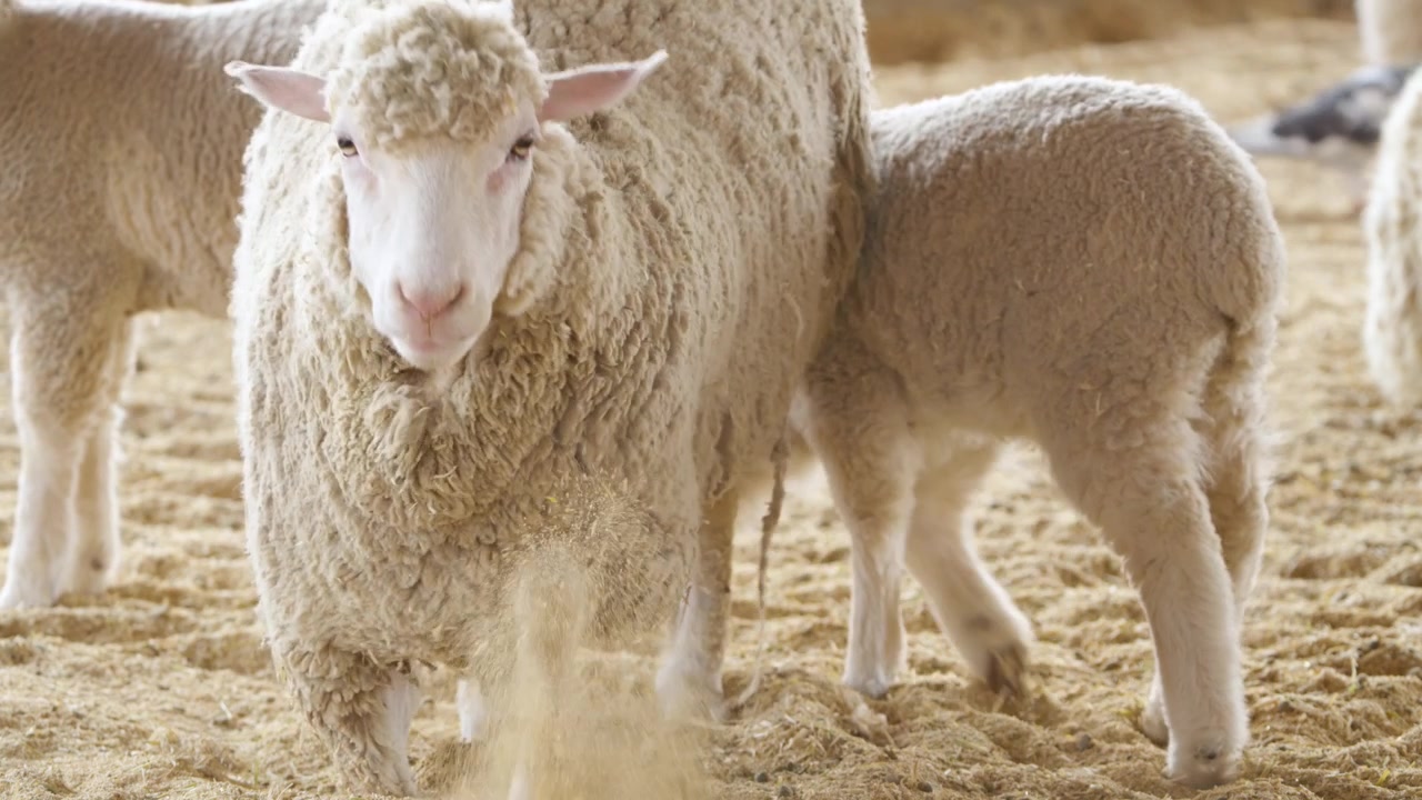 Ovejas blancas lanudas descansando y de pie con corderos jóvenes en el suelo arenoso del granero en las instalaciones ganaderas de la granja de Anseong.