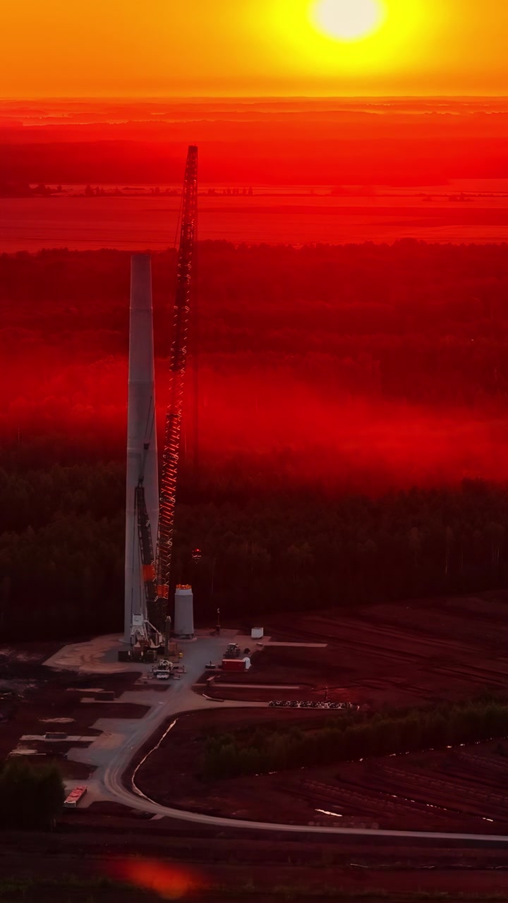 Pystysuora ilmakuva rakenteilla olevasta tuulivoimalan tornista ja tela-alustaisesta nosturista, jotka piirtyvät siluettina dramaattista punaista auringonlaskun taivasta vasten Latvian metsän yllä.