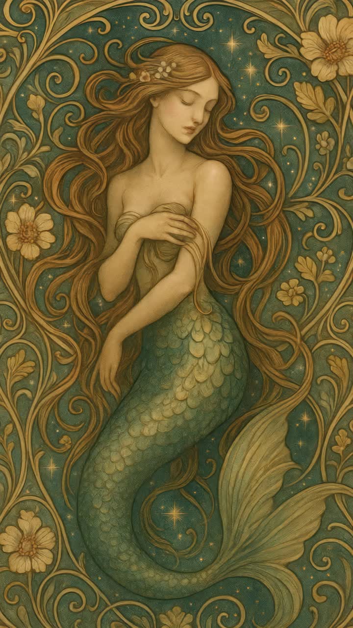 Art Nouveau style illustration of a serene mermaid surrounded by floral patterns