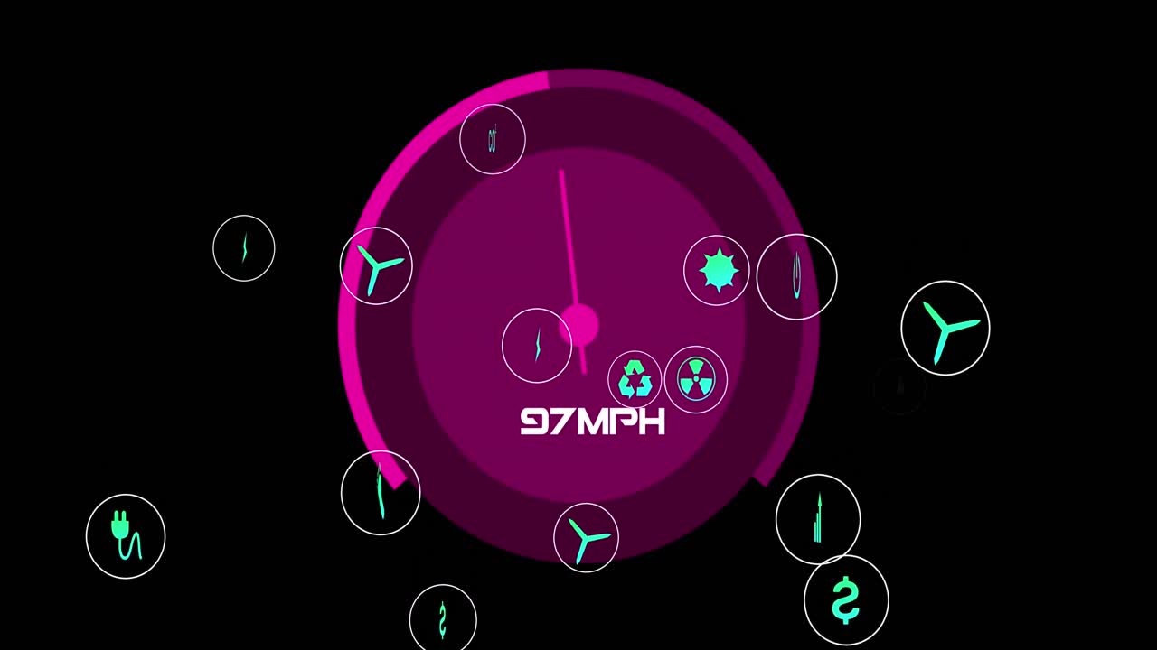 Animation of speed gauge and eco icons, data processing over black background