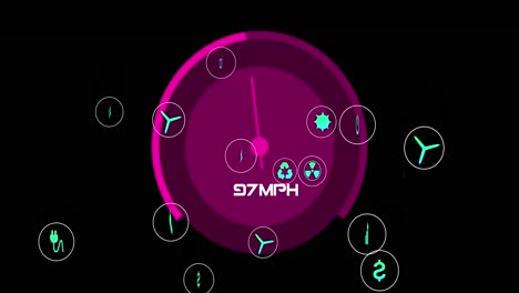 Animation-of-speed-gauge-and-eco-icons,-data-processing-over-black-background