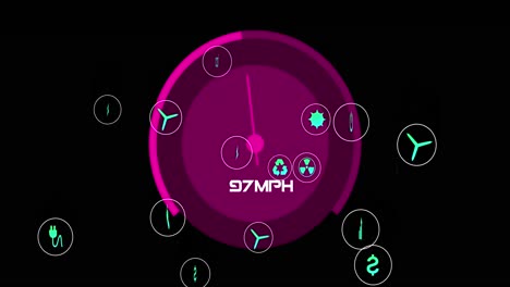 animación del indicador de velocidad y los iconos ecológicos, procesamiento de datos sobre fondo negro
