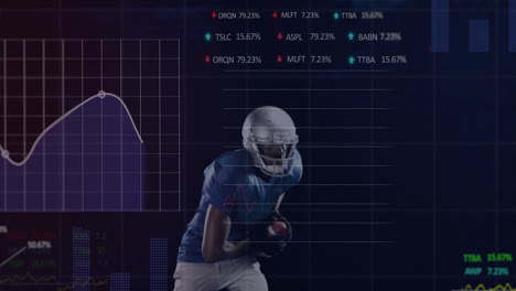 american football player throwing ball over financial data and graphs animation