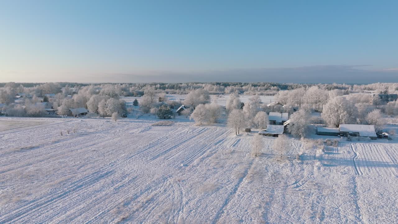겨울에는 시골 풍경을 공중에서 볼 수 있고, 눈이 덮인 시골 들판과 나무, 추운 날씨, 푸른 하늘이 있는 화창한 겨울날, 넓은 드론 샷이 앞으로 이동합니다.
