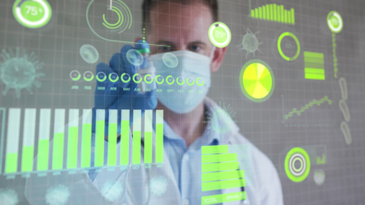 animación de un médico caucásico con máscara facial y procesamiento de datos con iconos