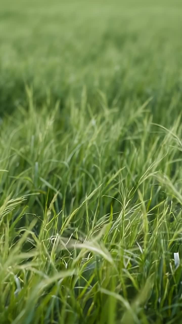 Video verticale: Erba verde alta che ondeggia, reste nel campo mosse dal vento, messa a fuoco della telecamera, etichetta bianca visibile.