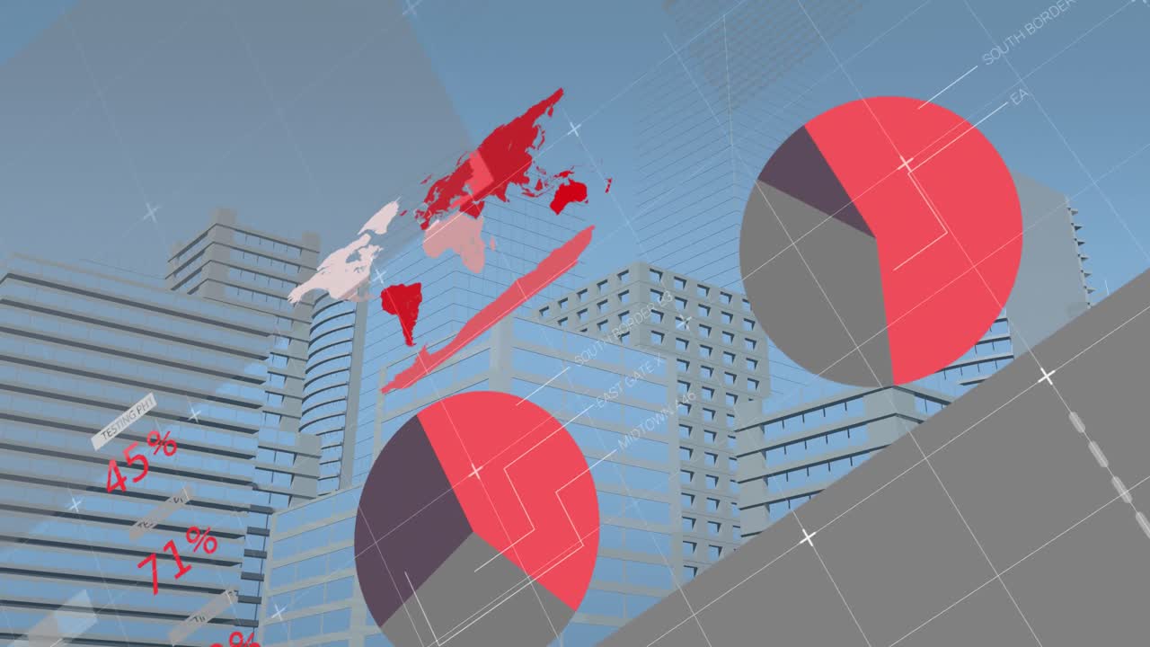 파란색 배경에 대한 현대적인 건물에 대한 인포그래픽 인터페이스의 애니메이션