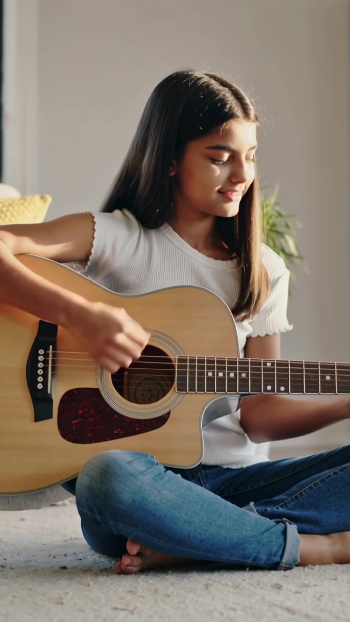 Video vertical: Chica con top blanco tocando la guitarra después de mirar hacia abajo, practicando en casa con la guitarra.
