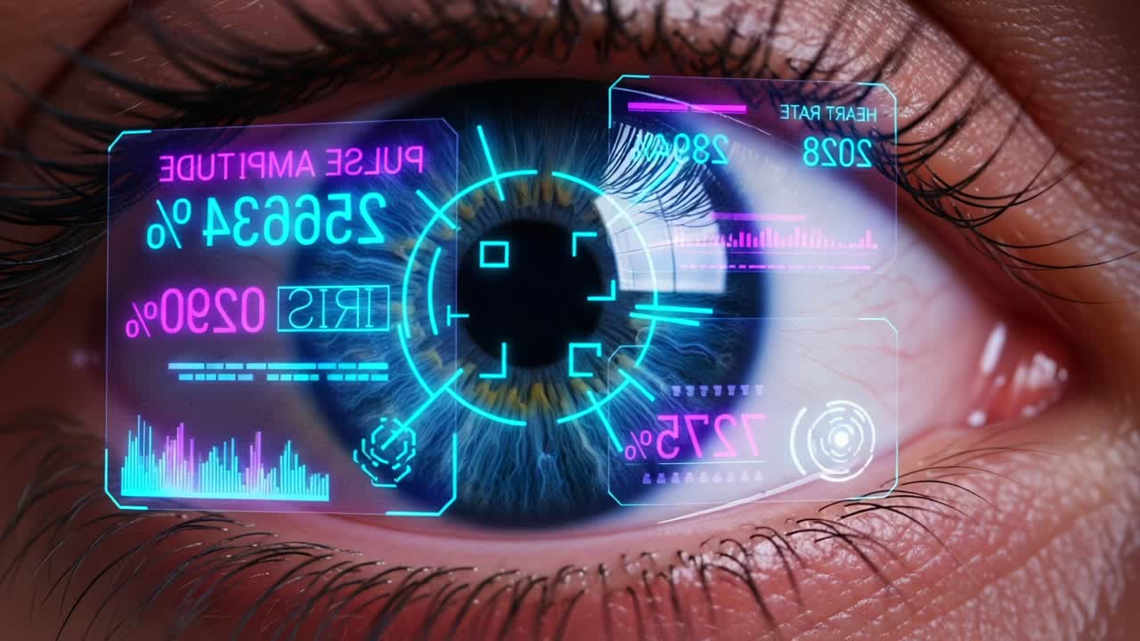 Futuristic Eye with Advanced Display: A Close-Up of an Eye Featuring Digital Metrics and Health Data Visualizations Incorporating Heart Rate and Eye Ambit