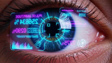 futuristic eye with advanced display: a close-up of an eye featuring digital metrics and health data visualizations incorporating heart rate and eye ambit