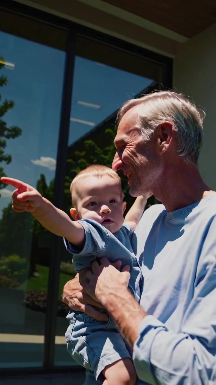 Grandfather Carrying His Grandson in a Sunny Garden
