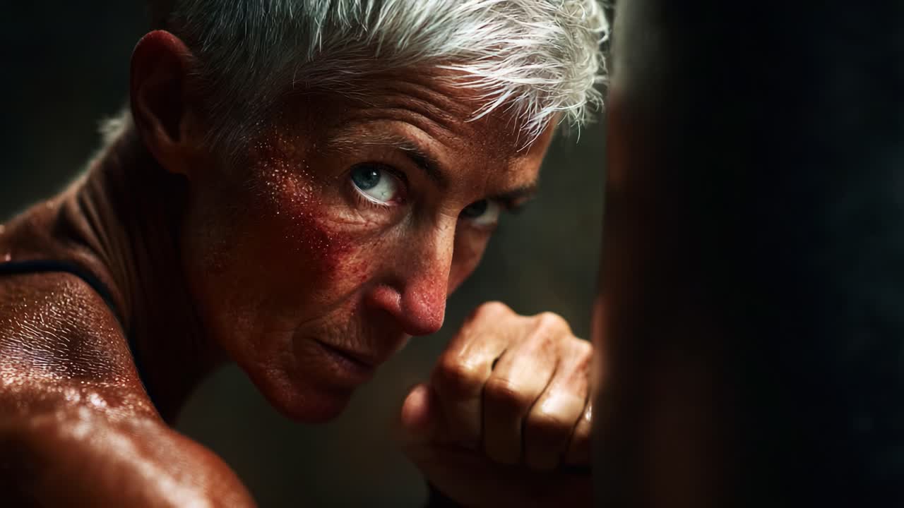 A determined female fighter showcasing strength and resilience through intense training, embodying power and focus in the moments captured from an engaging boxing session
